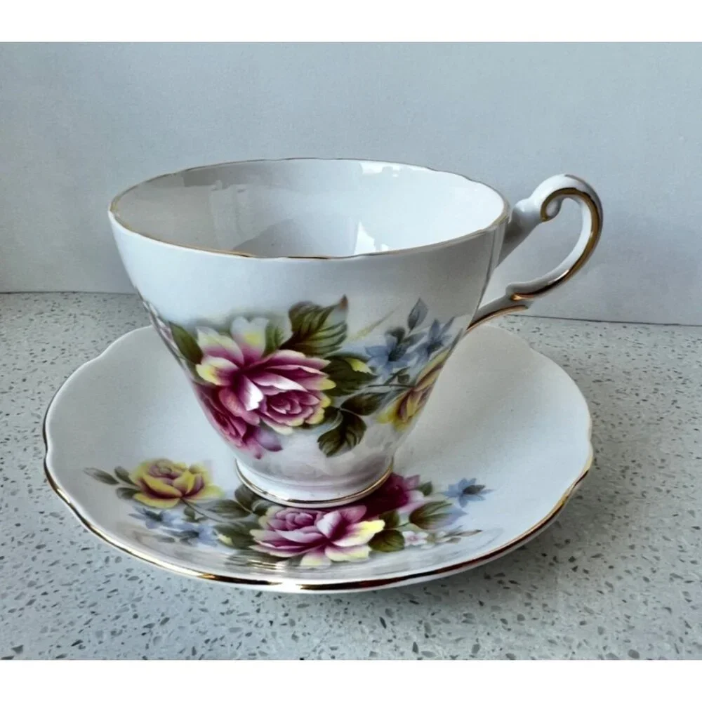 Regency English Bone China Cup & Saucer Floral Design Gold Trim Made In England